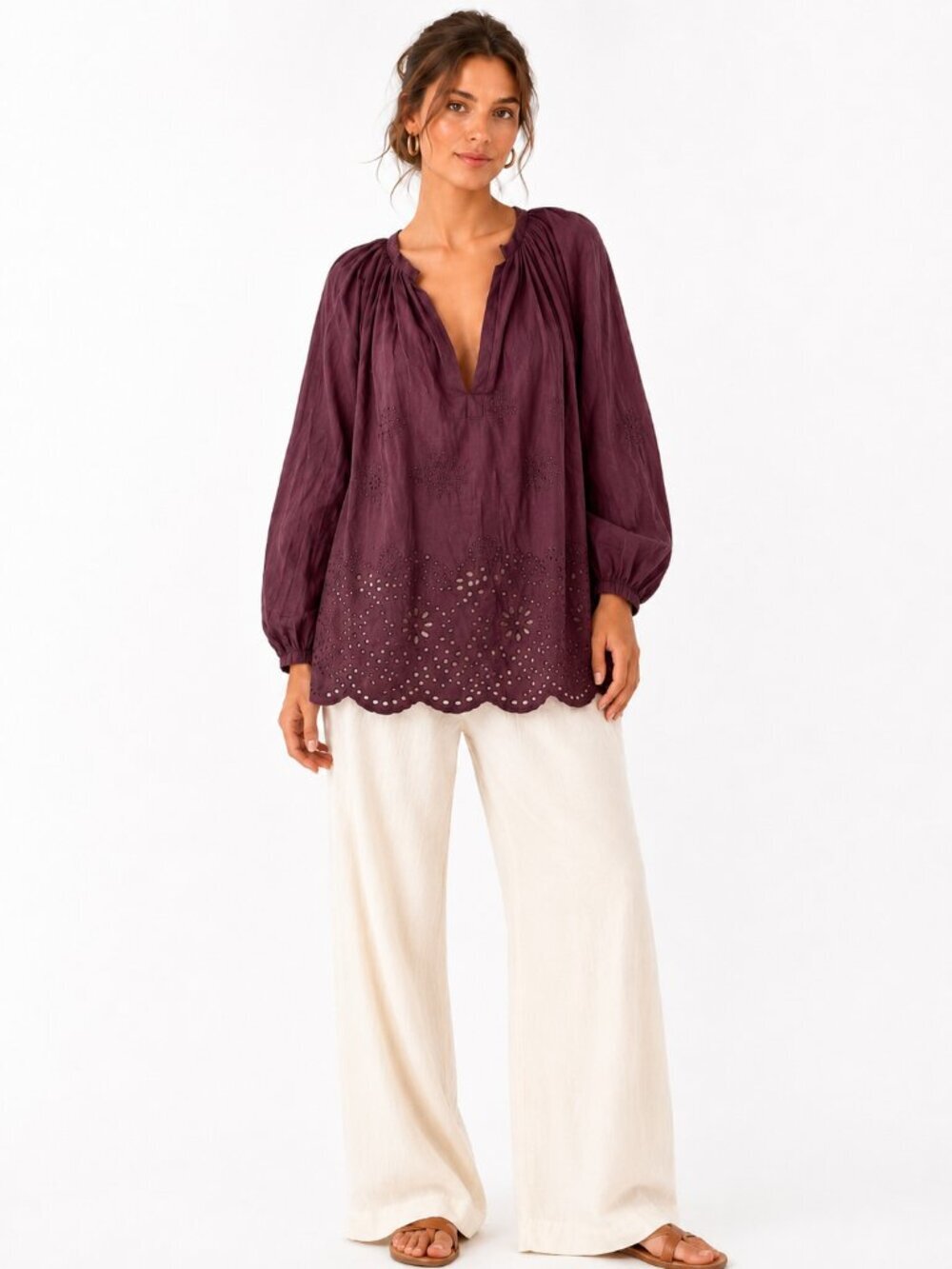 Nili Lotan Embroidered Saint Tropez Top Size S Maroon